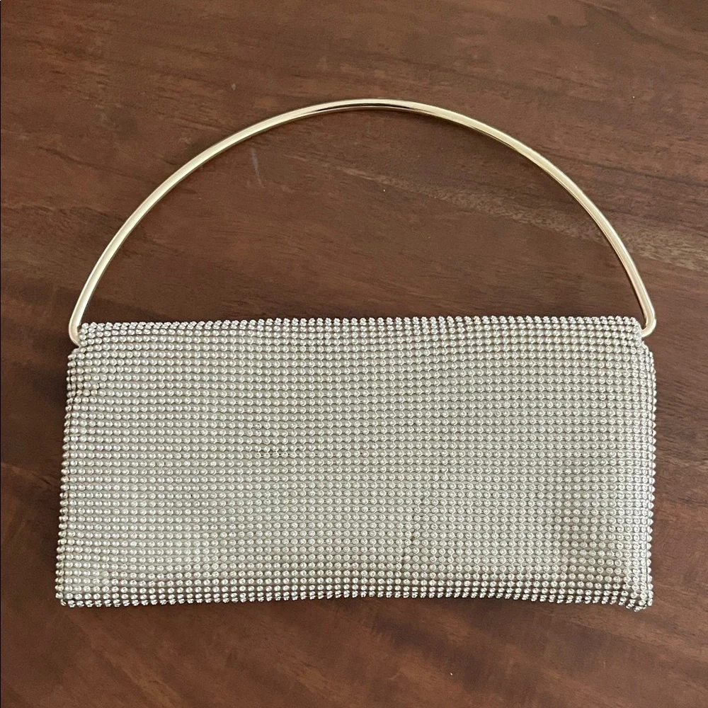 Crystal-Embellished Evening Clutch - Gold Chain Handle
